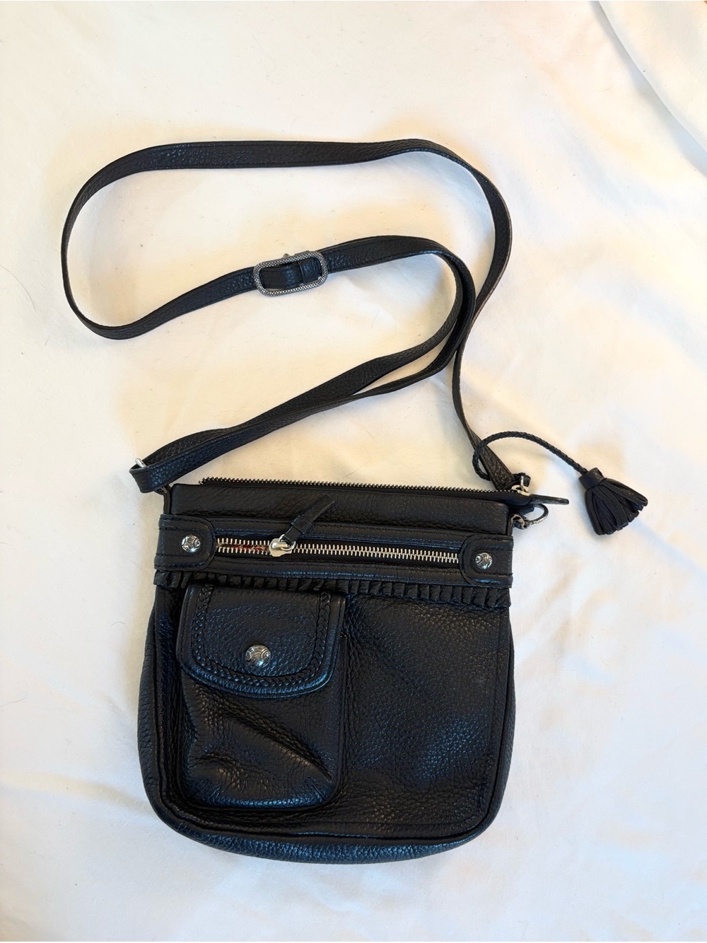 Brighton Black Leather Crossbody with Tassel Accent